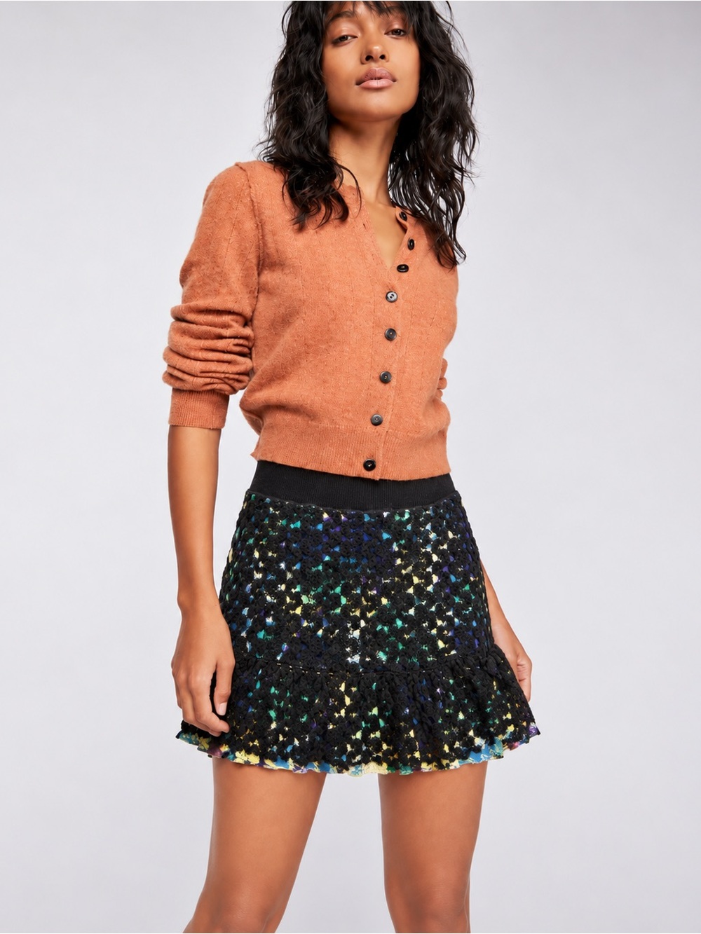 Anthropologie Black Tweed Mini Skirt with Multicolor Flecks